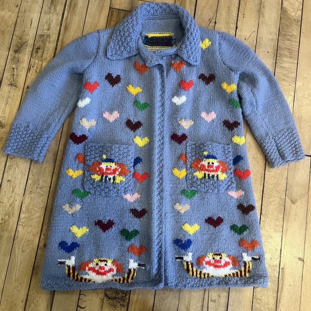 Hand Knit Kids Cardigan Sweater Clown Horse Folk Art Vintage